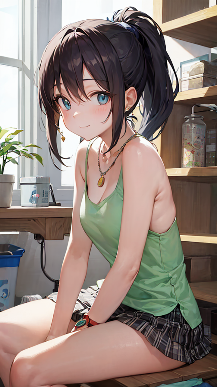 夏日靓妹身穿无袖背心和百褶半身裙天生丽质又迷人高清二次元美女手机壁纸