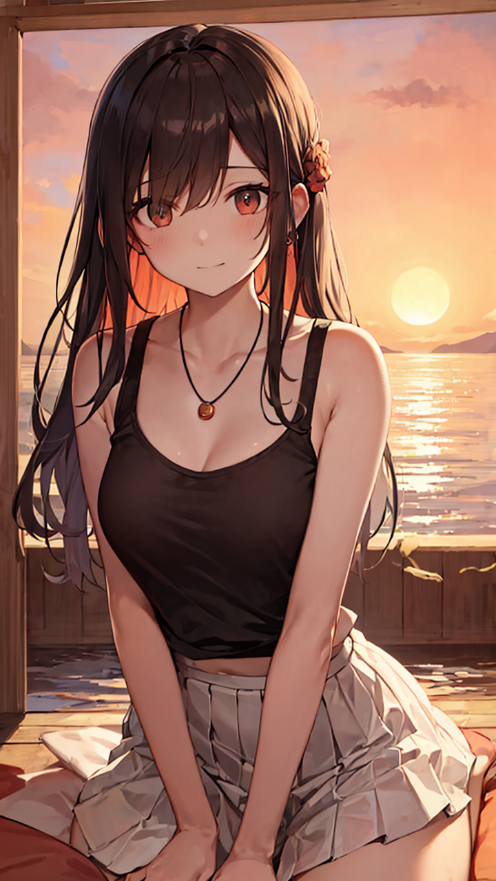 夏日靓妹身穿无袖背心和百褶半身裙天生丽质又迷人高清二次元美女手机壁纸