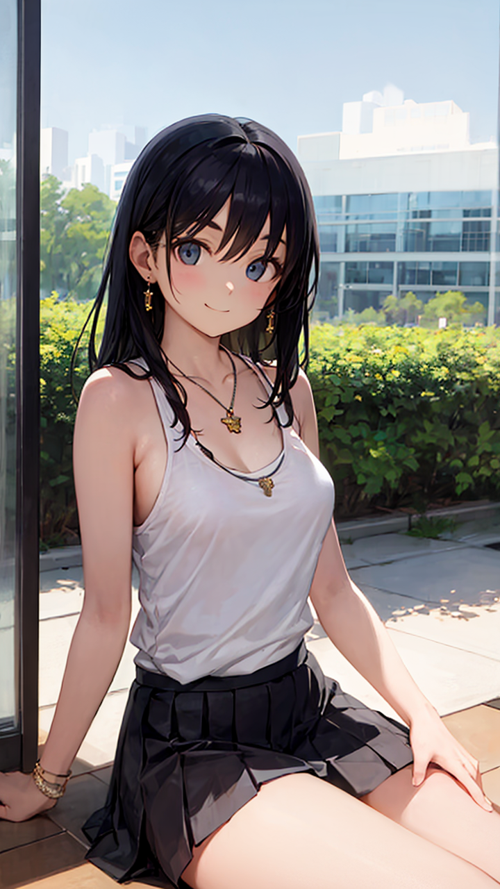 夏日靓妹身穿无袖背心和百褶半身裙天生丽质又迷人高清二次元美女手机壁纸