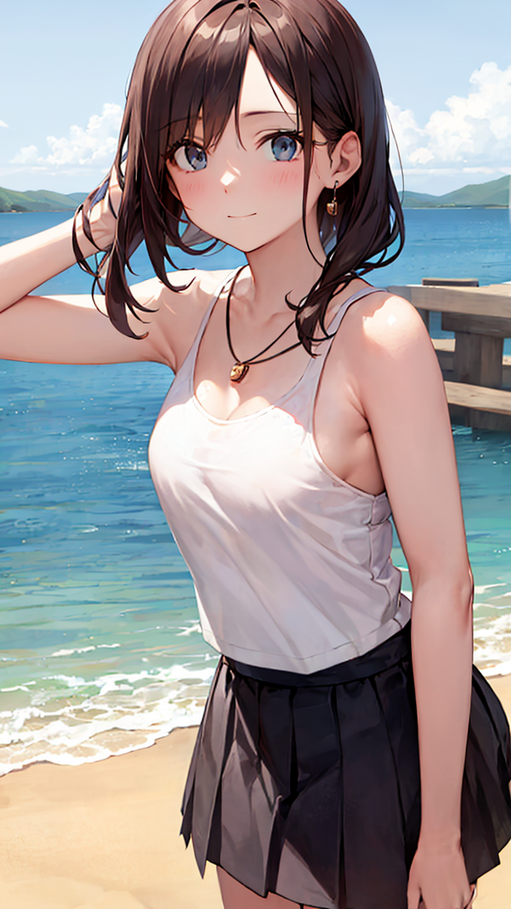 夏日靓妹身穿无袖背心和百褶半身裙天生丽质又迷人高清二次元美女手机壁纸