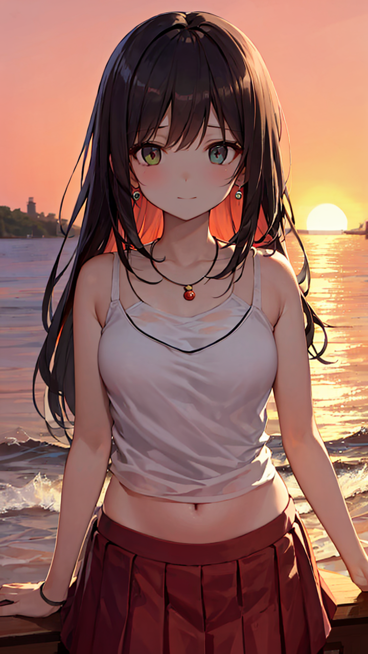 夏日靓妹身穿无袖背心和百褶半身裙天生丽质又迷人高清二次元美女手机壁纸