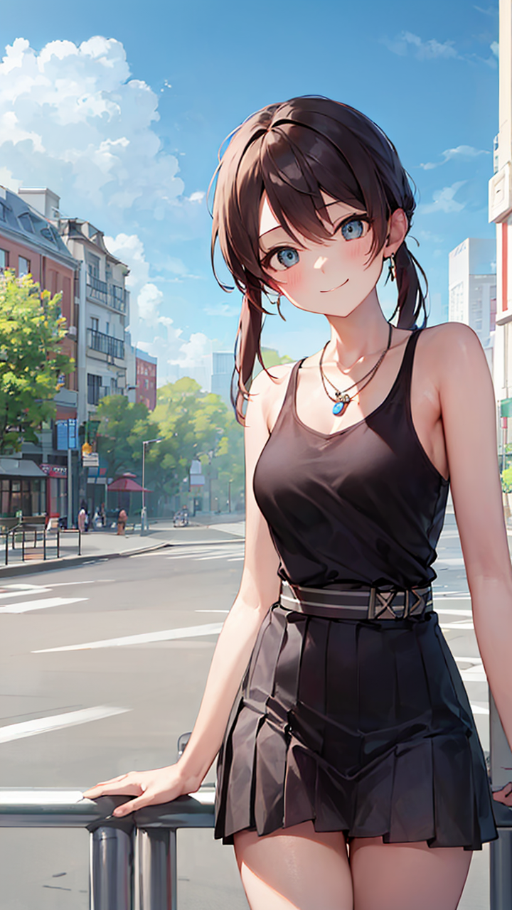 夏日靓妹身穿无袖背心和百褶半身裙天生丽质又迷人高清二次元美女手机壁纸