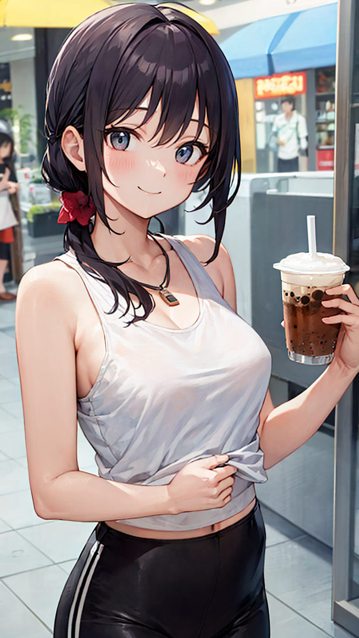 迷人又可爱的二次元动漫美女无袖背心搭配冰丝直筒裤美图