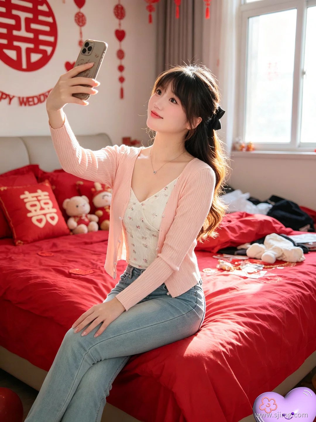 新娘结婚了 中国红 婚房自拍 4K高清美女平板壁纸