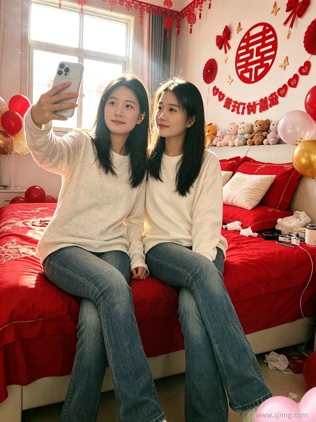 新娘结婚了 中国红 婚房自拍 4K高清美女平板壁纸