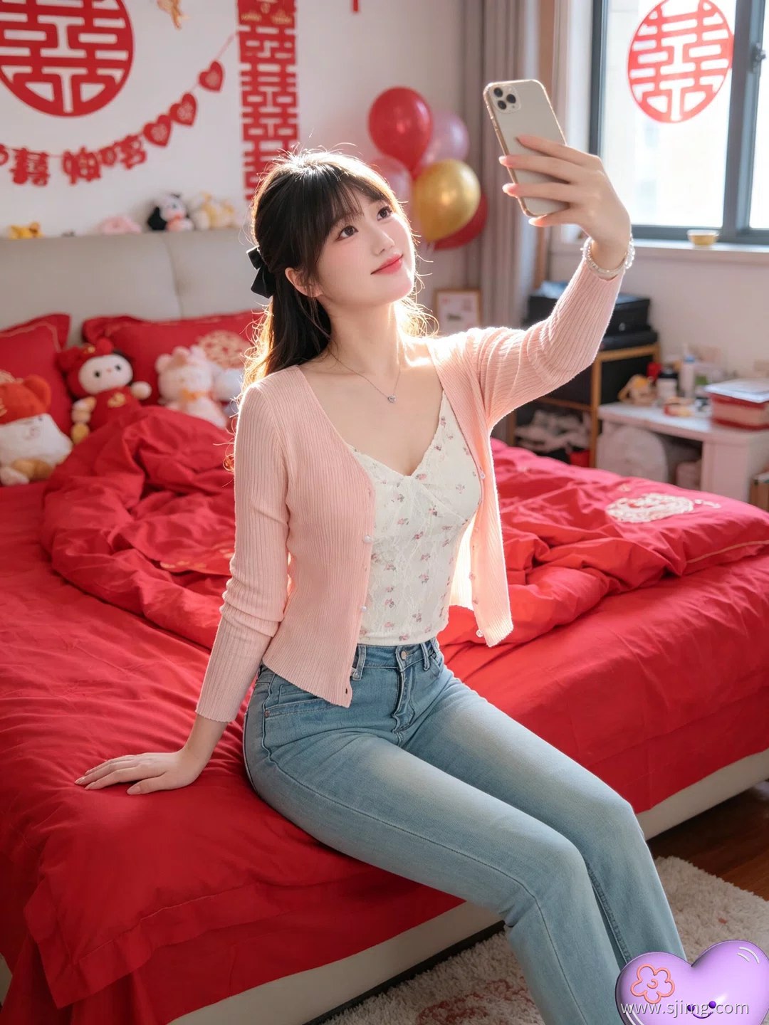 新娘结婚了 中国红 婚房自拍 4K高清美女平板壁纸