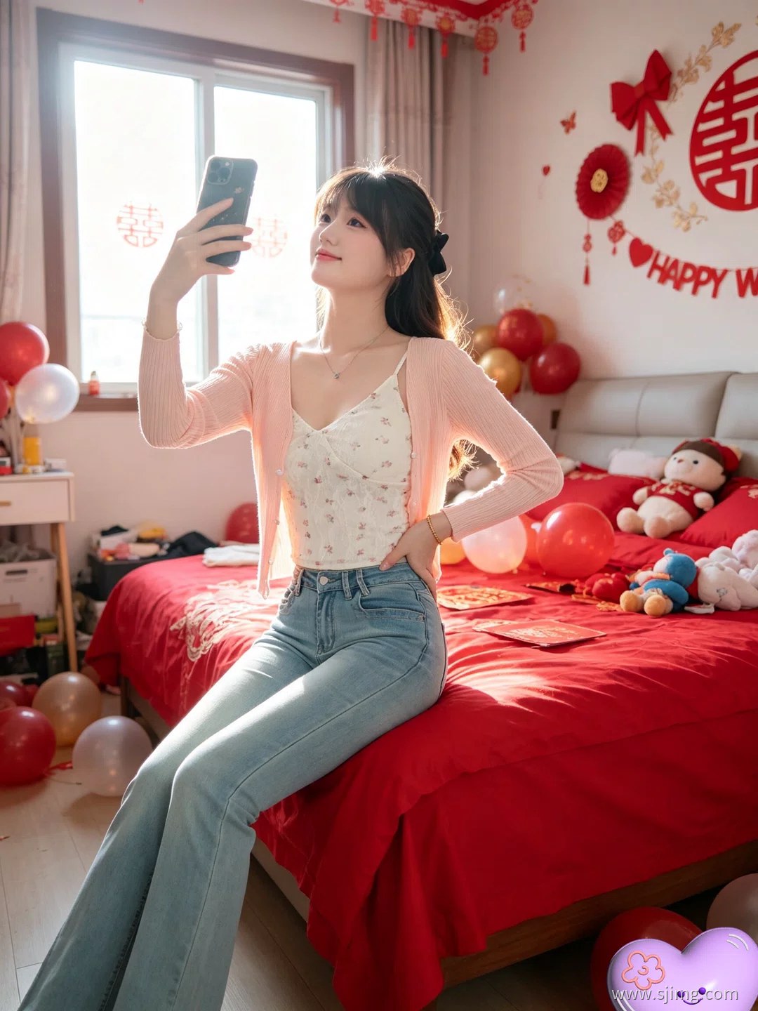 新娘结婚了 中国红 婚房自拍 4K高清美女平板壁纸