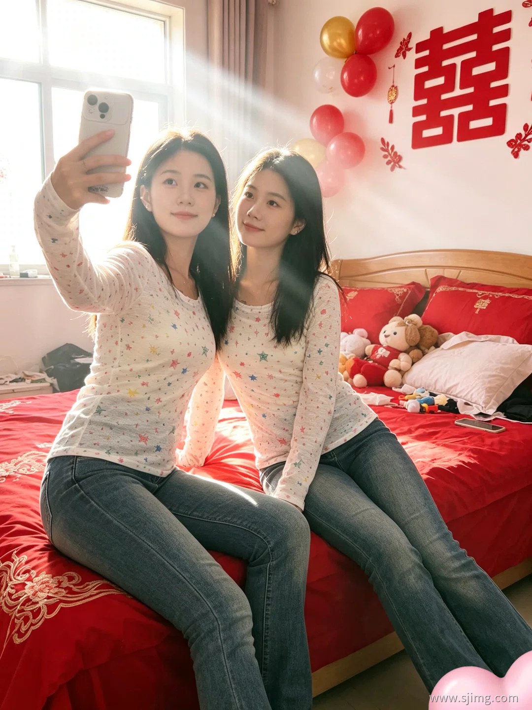 新娘结婚了 中国红 婚房自拍 4K高清美女平板壁纸