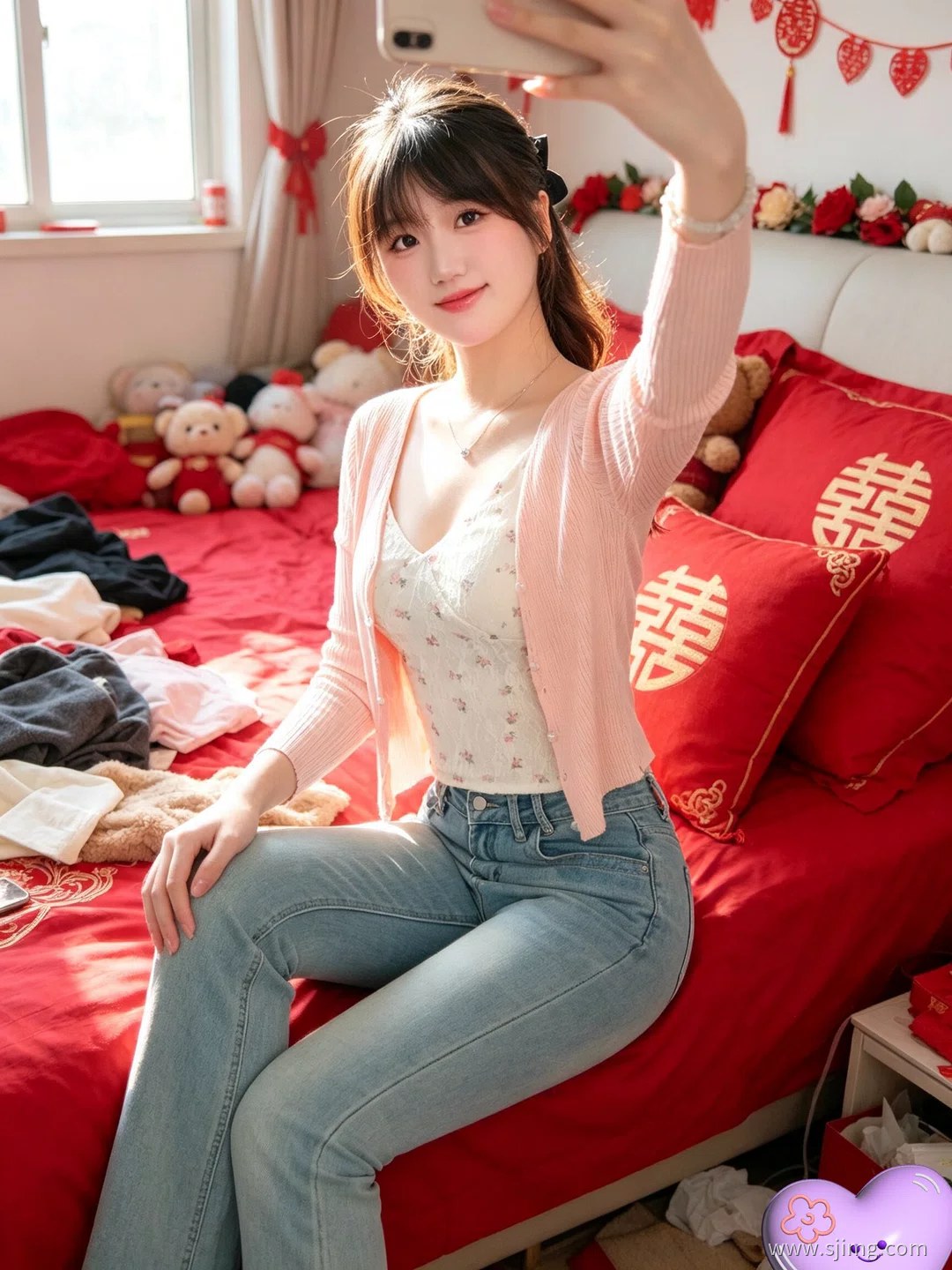 新娘结婚了 中国红 婚房自拍 4K高清美女平板壁纸