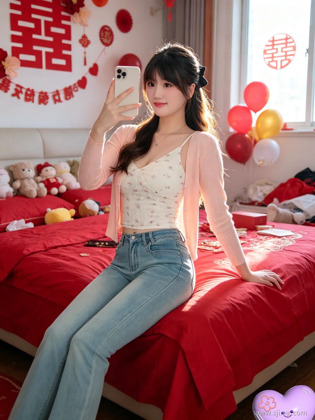 新娘结婚了 中国红 婚房自拍 4K高清美女平板壁纸