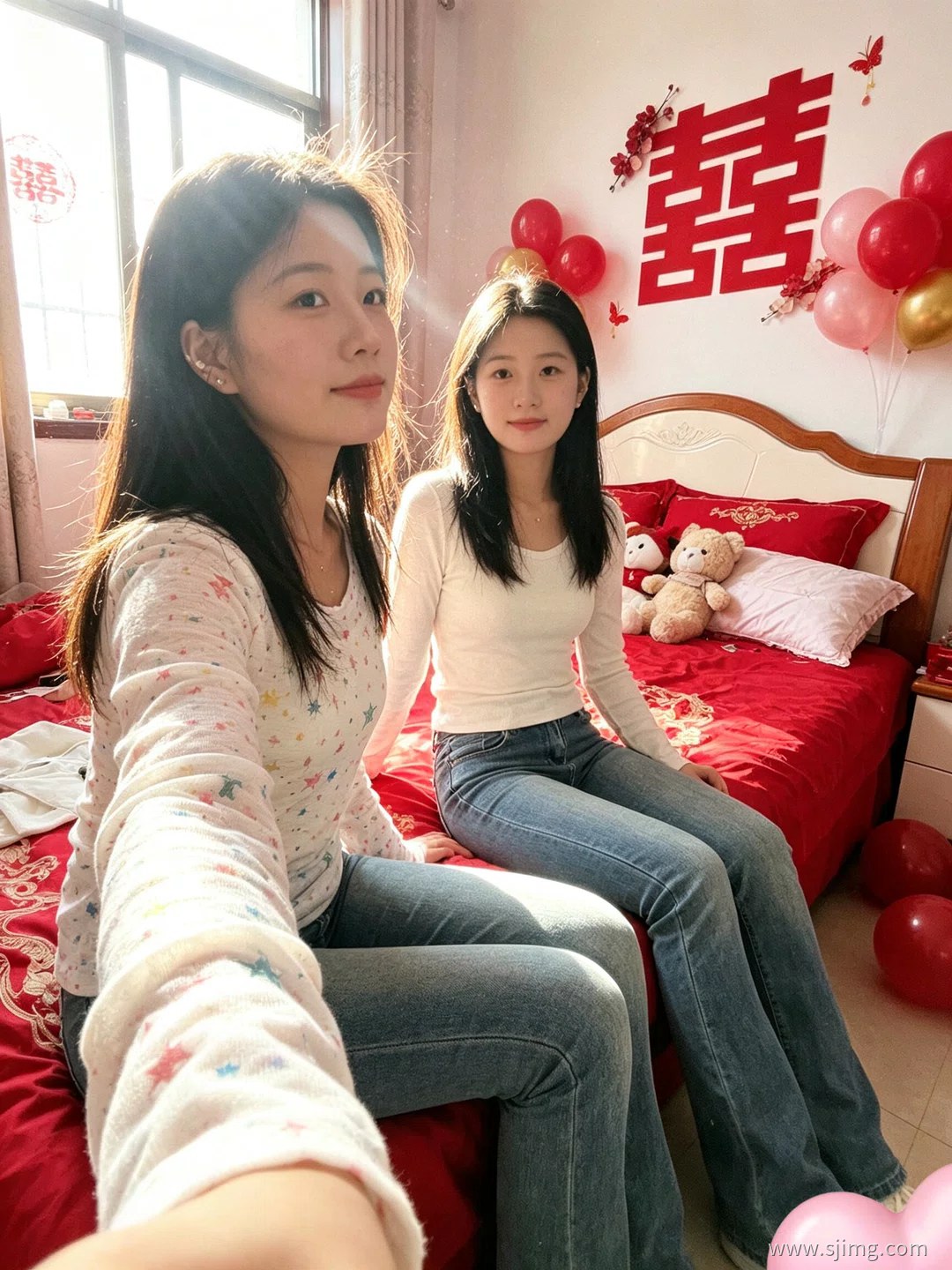新娘结婚了 中国红 婚房自拍 4K高清美女平板壁纸