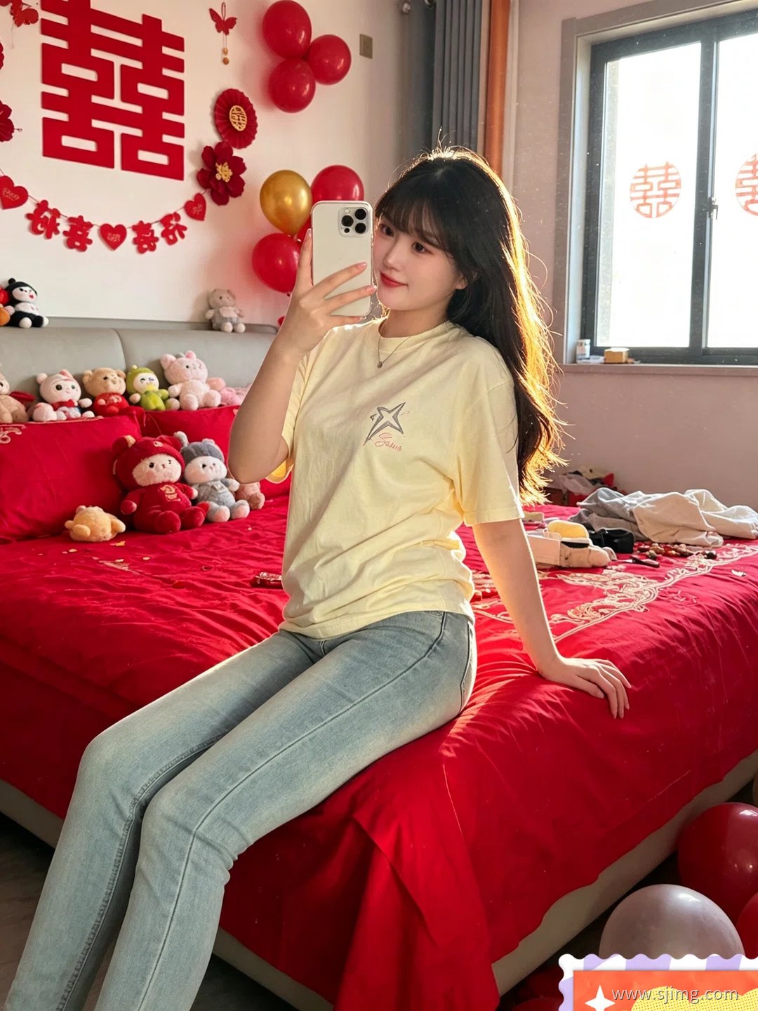 新娘结婚了 中国红 婚房自拍 4K高清美女平板壁纸