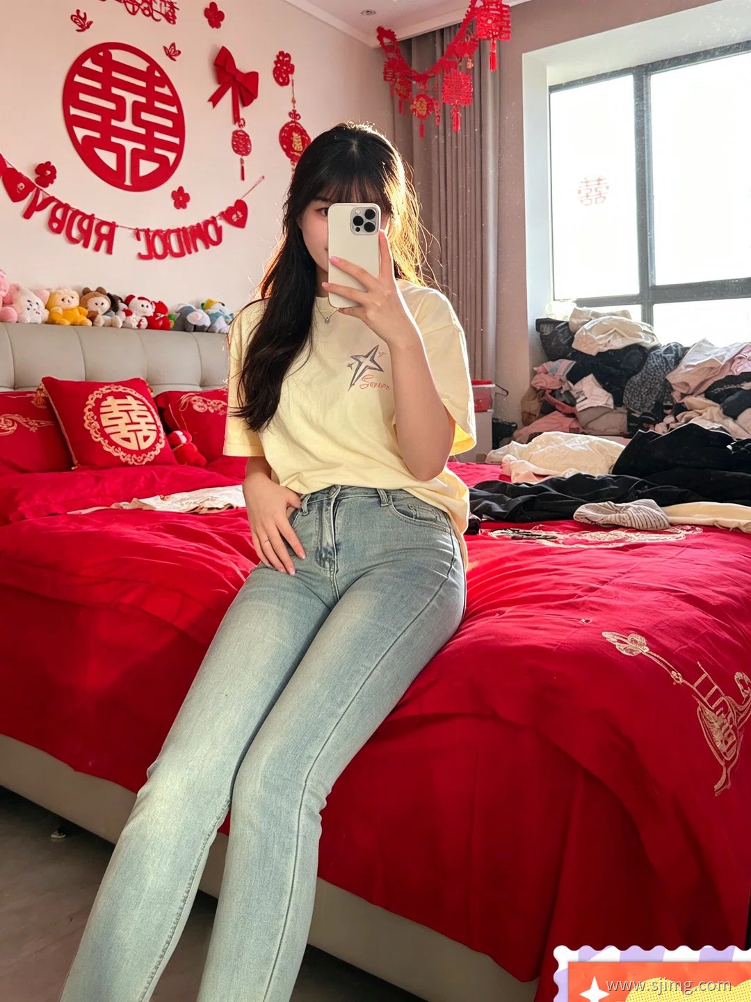 新娘结婚了 中国红 婚房自拍 4K高清美女平板壁纸