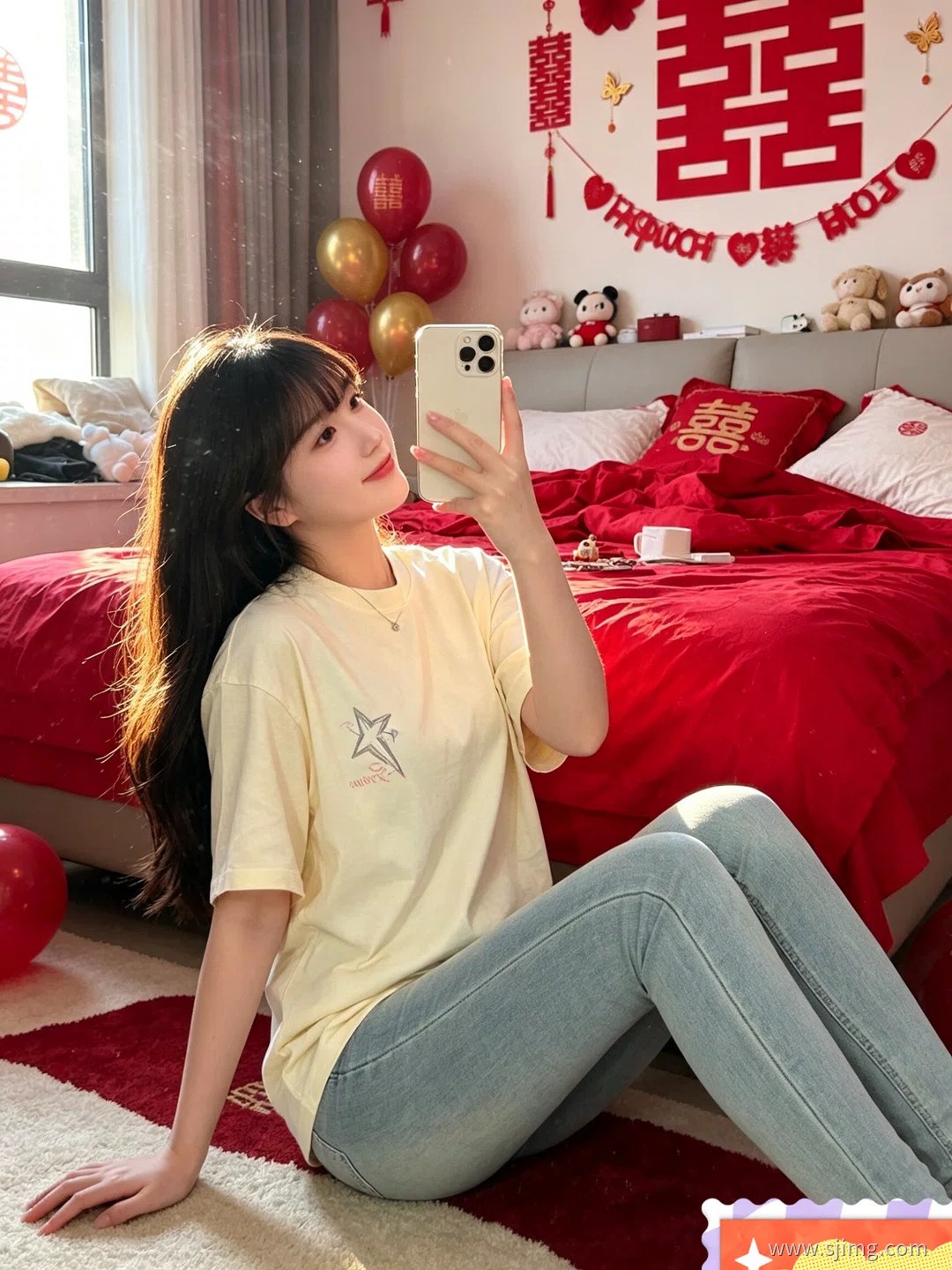 新娘结婚了 中国红 婚房自拍 4K高清美女平板壁纸