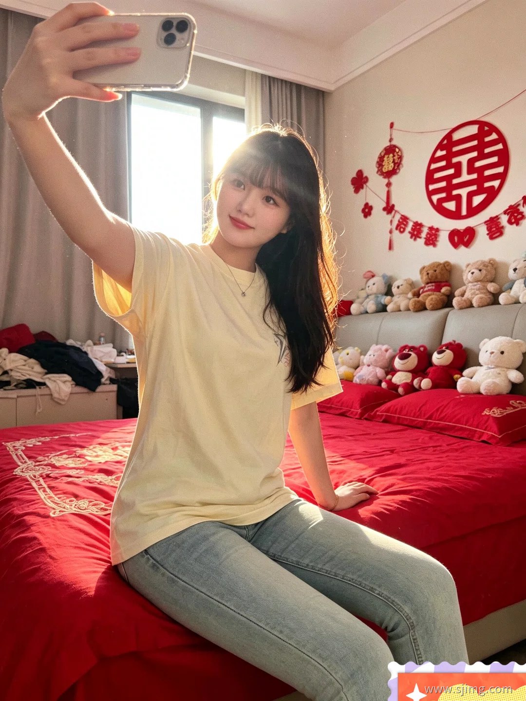 新娘结婚了 中国红 婚房自拍 4K高清美女平板壁纸
