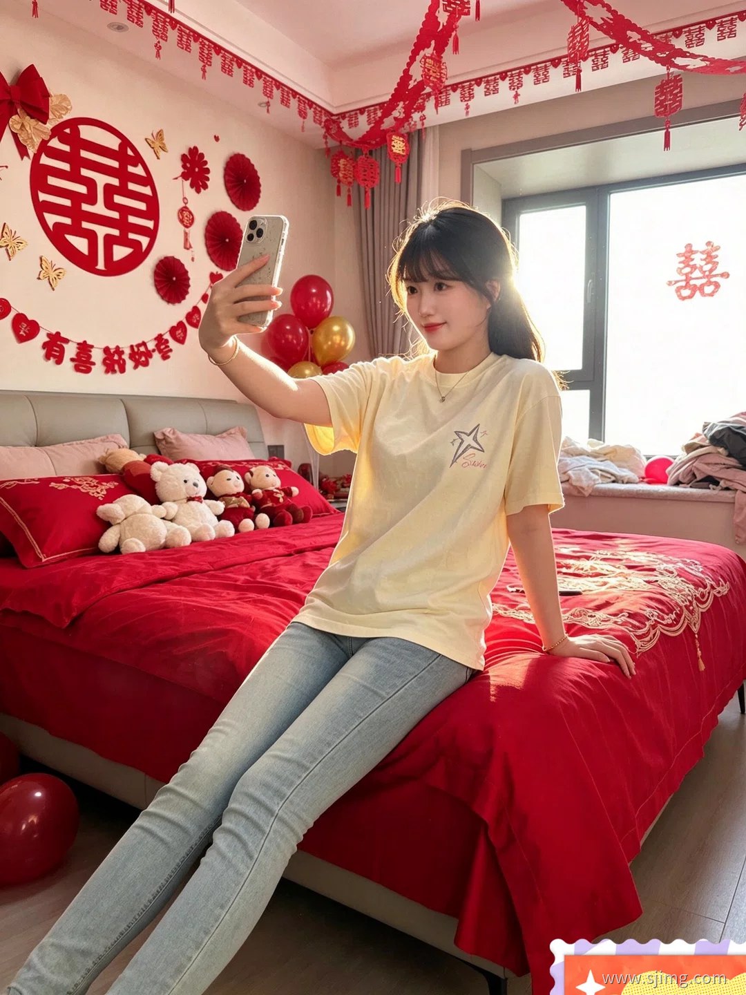 新娘结婚了 中国红 婚房自拍 4K高清美女平板壁纸