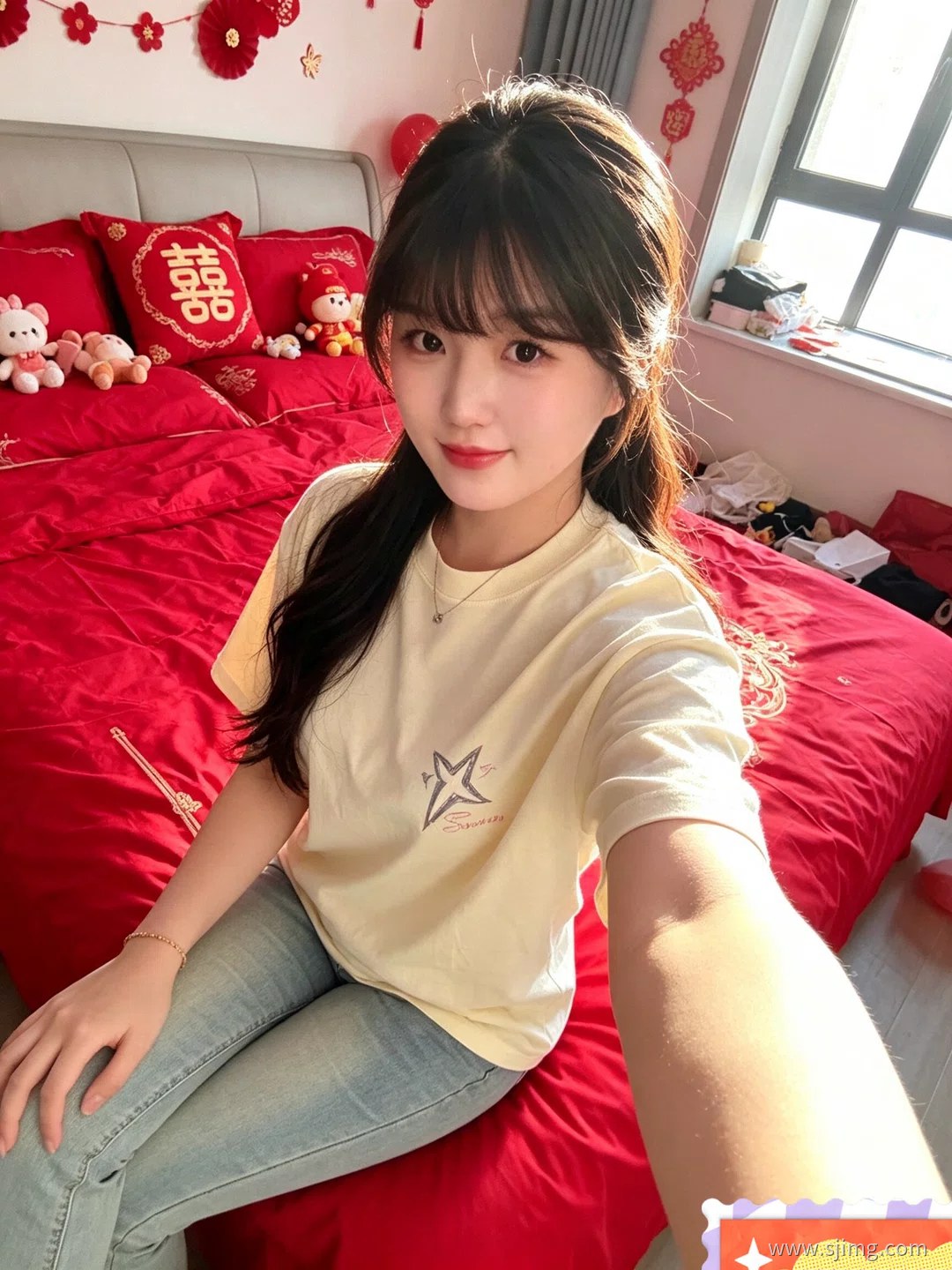 新娘结婚了 中国红 婚房自拍 4K高清美女平板壁纸