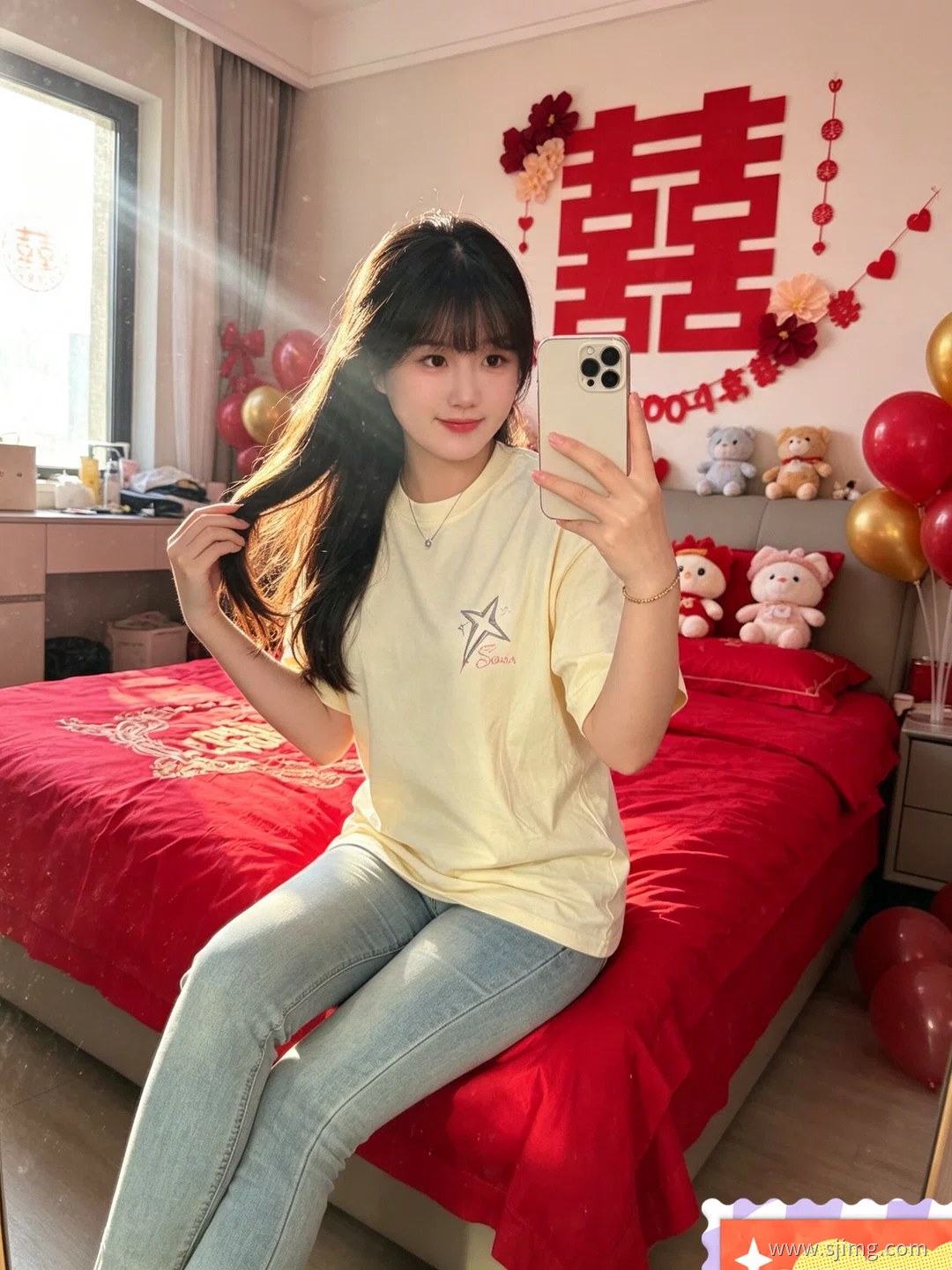 新娘结婚了 中国红 婚房自拍 4K高清美女平板壁纸